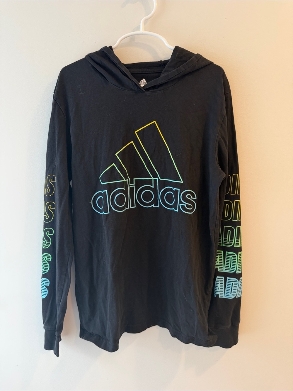 adidas Black Hoodie with Neon Gradient Logo and Sleeve Print